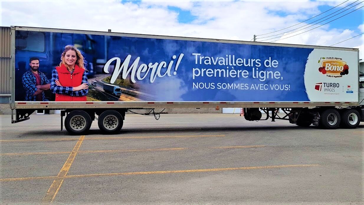 Frontline workers tibute trailer wrap by Gaetan Bono and Turbo Images the leader in trailer wraps. For a great design and custom vinyl truck or trailer wrapping job, contact Turbo Images.